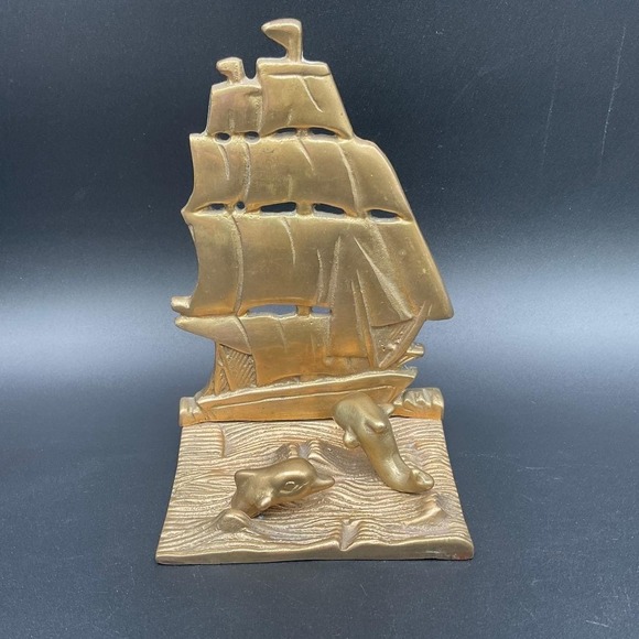Vintage Brass Tall Ship And Dolphins Nautical‎ Bookend Maritime Decor - Picture 1 of 5